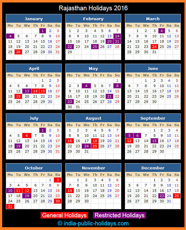 Rajasthan Holiday Calendar 2016