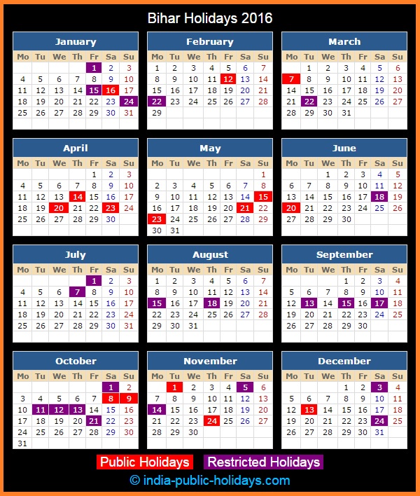 Bihar Holiday Calendar 2016