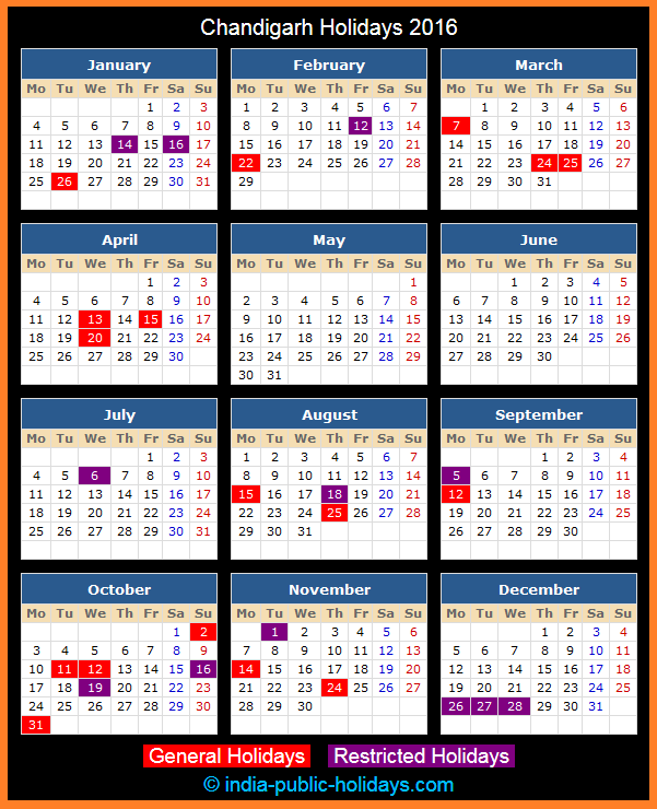 Chandigarh Holiday Calendar 2016