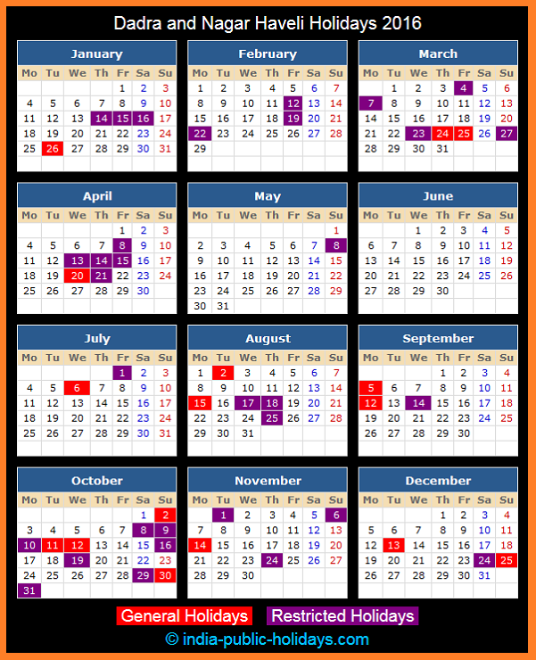 Dadra and Nagar Haveli Holiday Calendar 2016