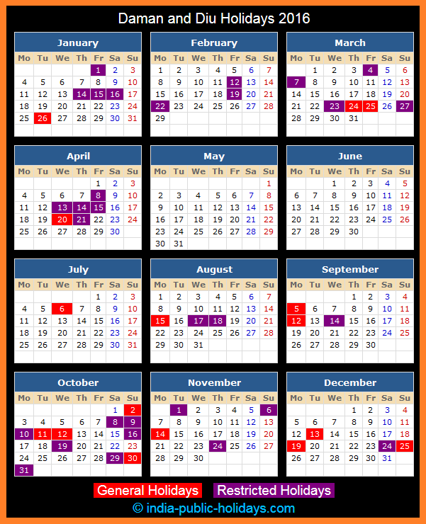 Daman and Diu Holiday Calendar 2016