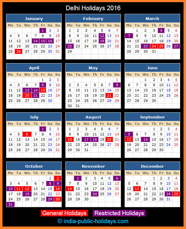 Delhi Holiday Calendar 2016