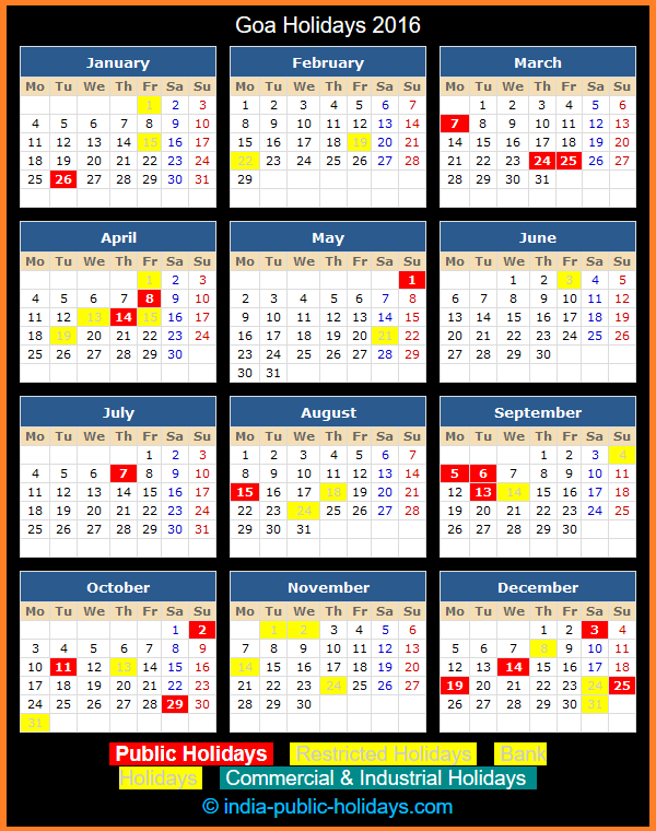 Goa Holiday Calendar 2016