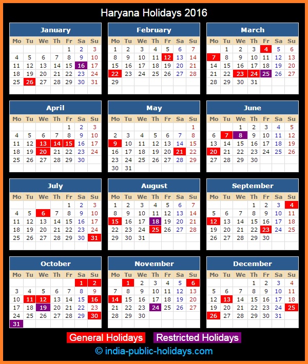 Haryana Holiday Calendar 2016
