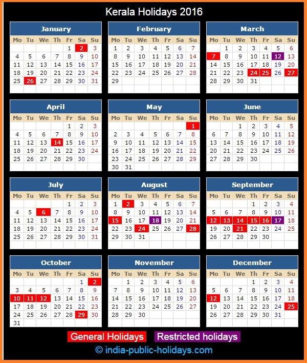 Kerala Holiday Calendar 2016