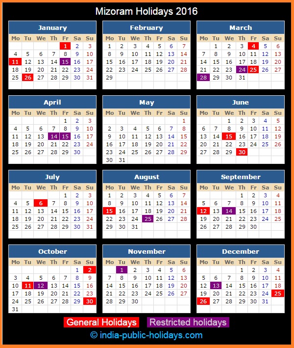 Mizoram Holiday Calendar 2016