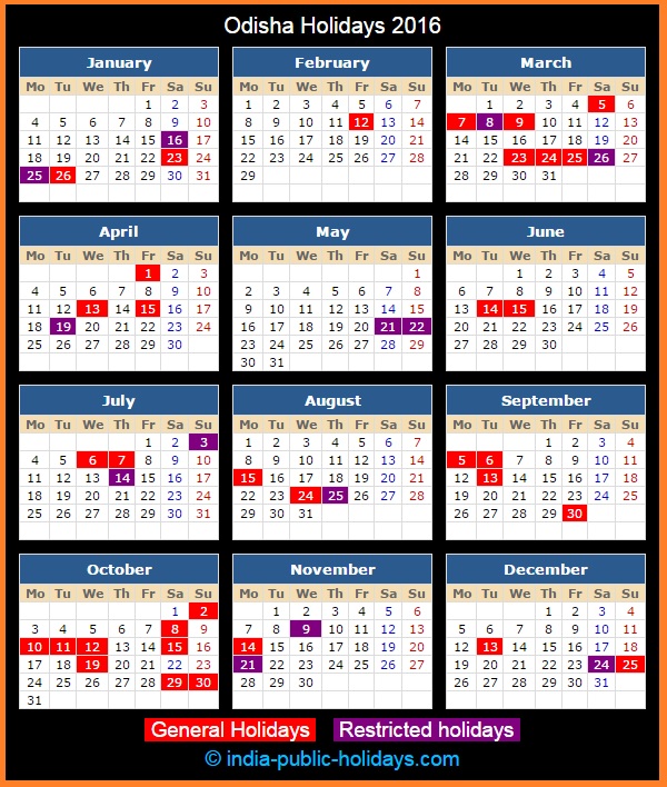 Odisha Holiday Calendar 2016