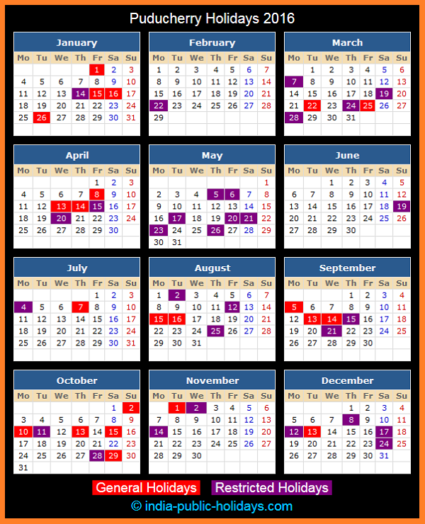 Puducherry Holiday Calendar 2016