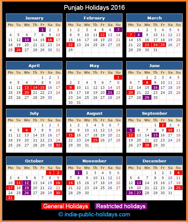 Punjab Holiday Calendar 2016