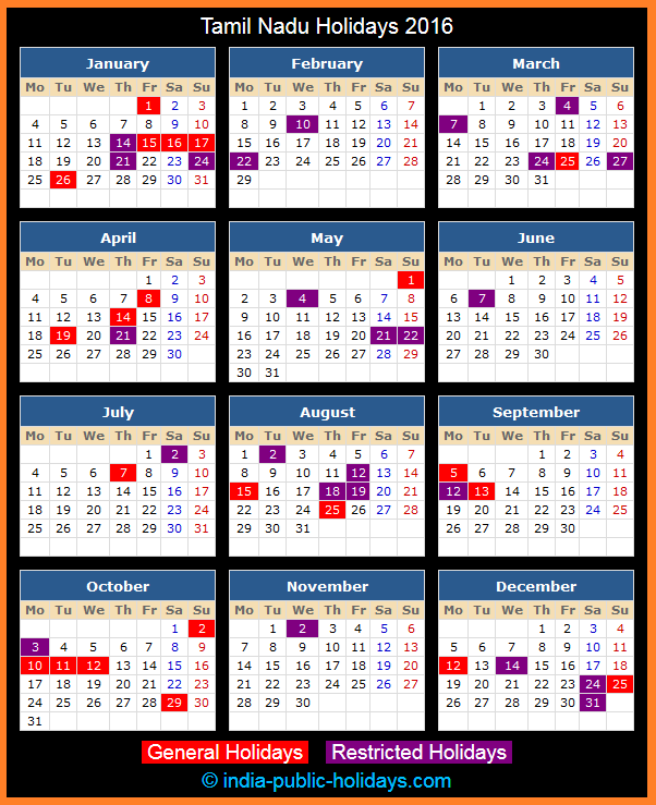 Tamil Nadu Holiday Calendar 2016