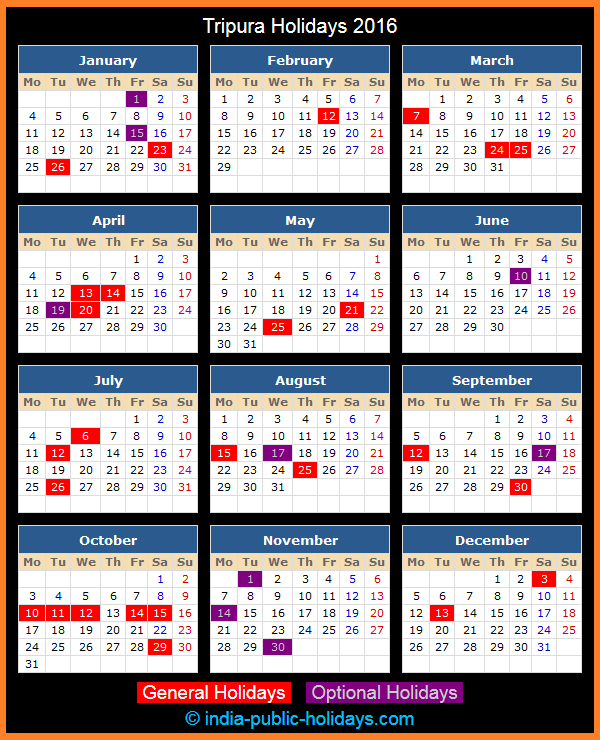 Tripura Holiday Calendar 2016