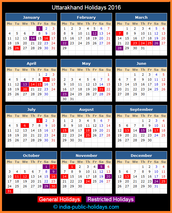 Uttarakhand Holiday Calendar 2016