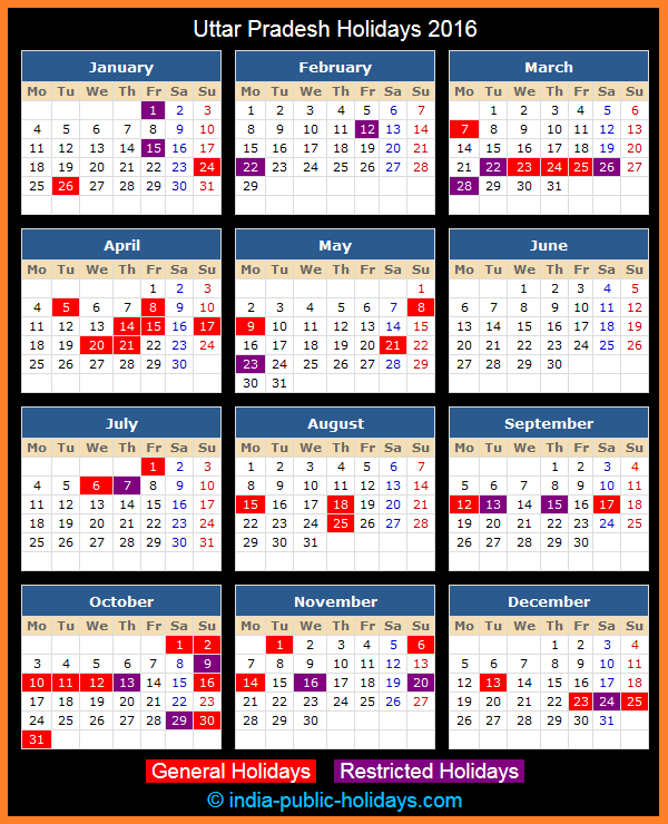 Uttar Pradesh Holiday Calendar 2016