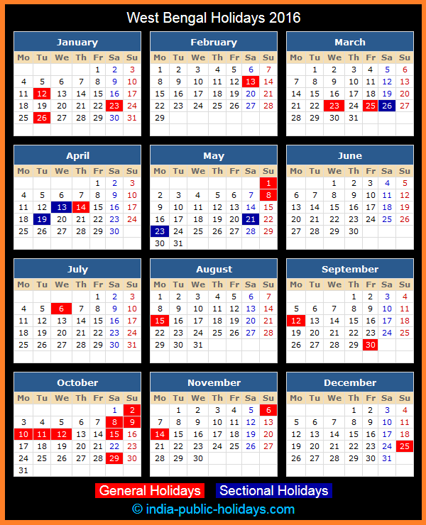 West Bengal Holiday Calendar 2016