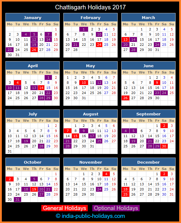 Chattisgarh Holiday Calendar 2017