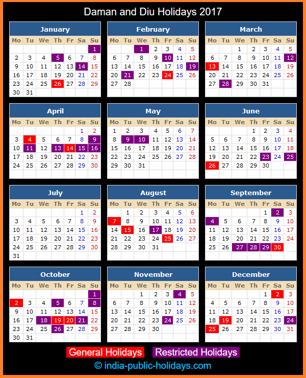 Daman and Diu Holiday Calendar 2017
