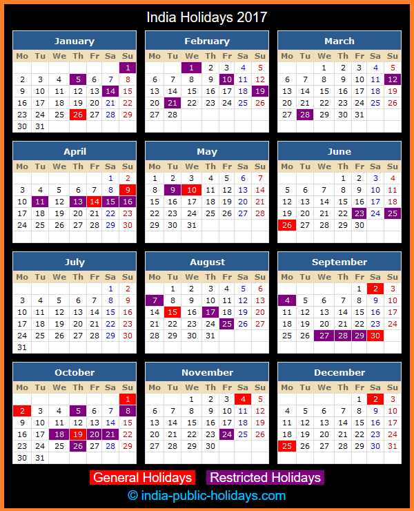 India Holiday Calendar 2017