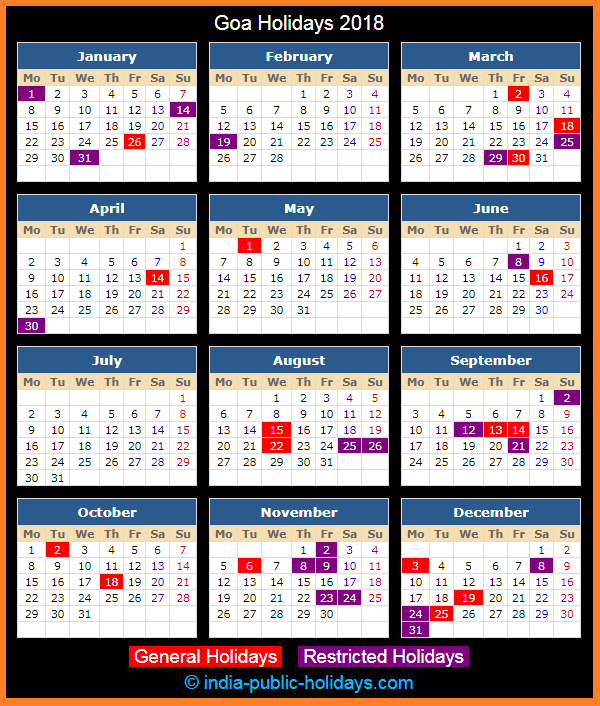 Goa Holiday Calendar 2018