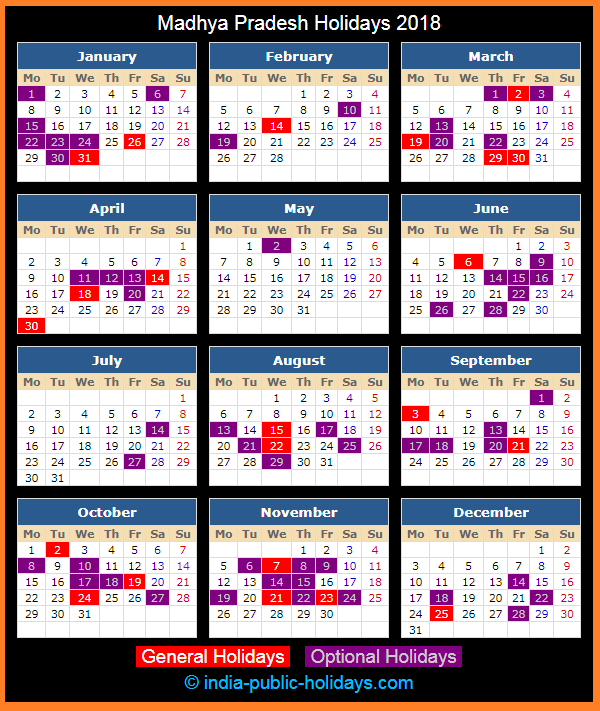 Madhya Pradesh Holiday Calendar 2018