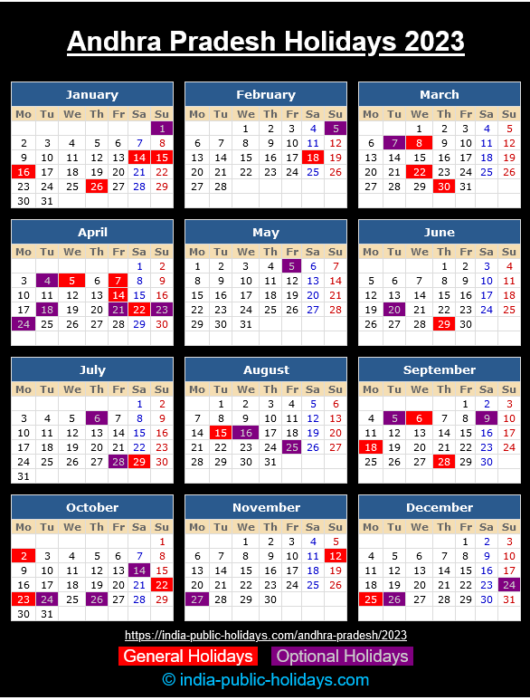 Andhra Pradesh Public Holidays 2023 Calendar