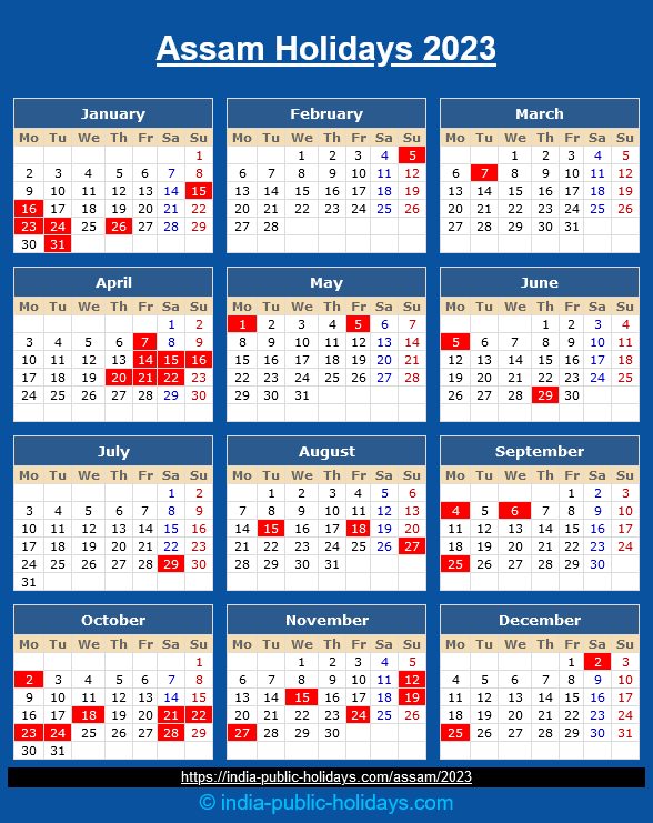 Assam State Holidays 2023 Calendar