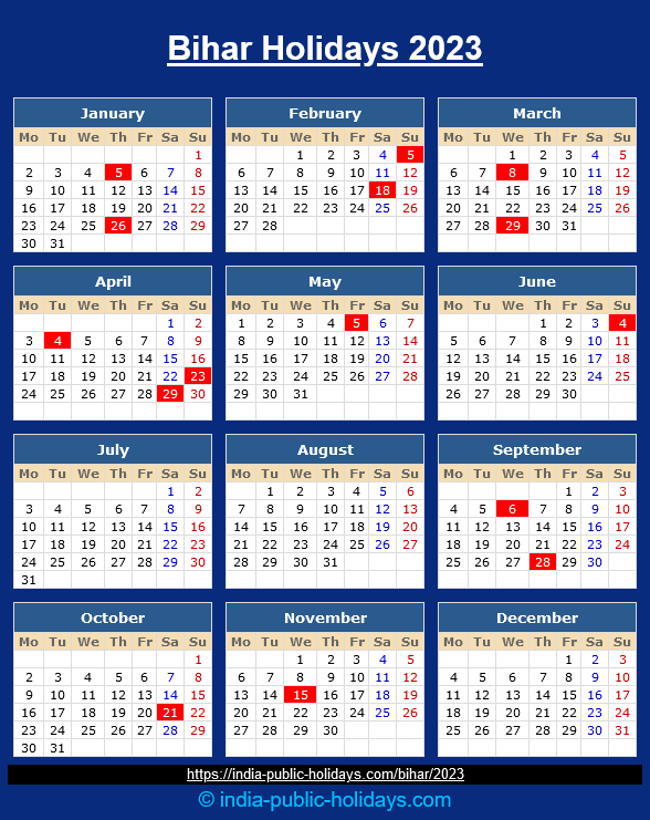 Bihar Holidays 2023 Calendar