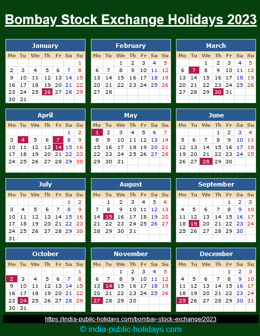 Bombay Stock Exchange Trading Holidays 2023 Calendar