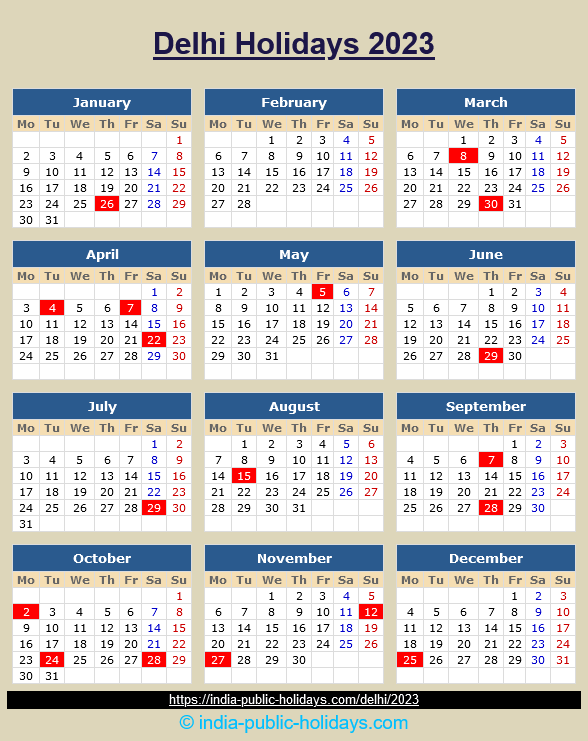 Delhi Holidays 2023 Calendar