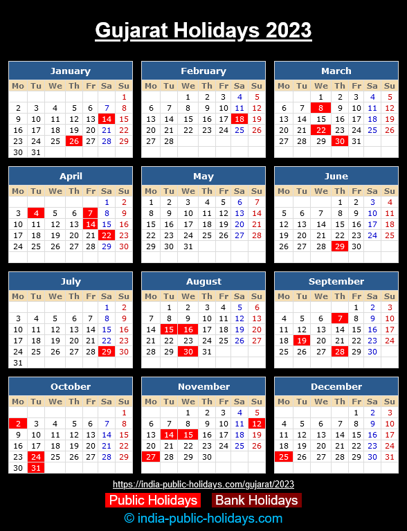 Gujarat Public Holidays 2023 Calendar