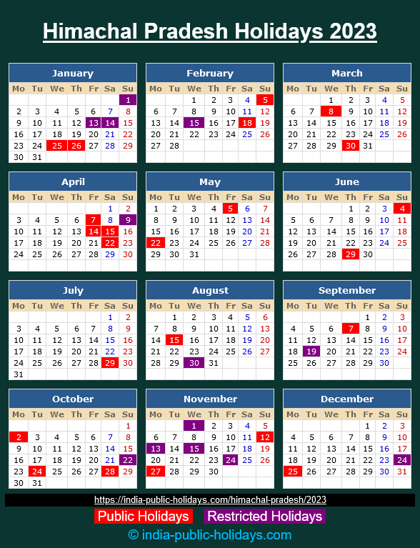 Himachal Pradesh Holidays 2023 Calendar