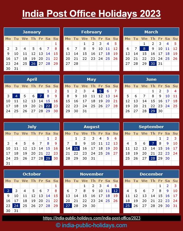 India Post Office Holidays 2023 Calendar