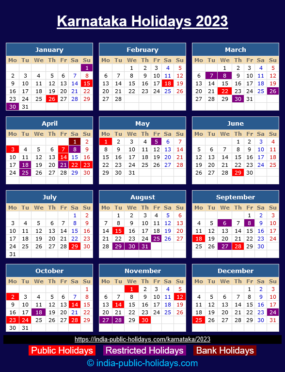 Karnataka Public Holidays 2023 Calendar