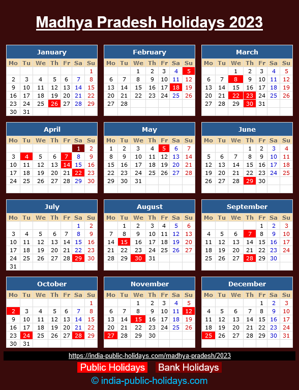 Madhya Pradesh State Holidays 2023 Calendar