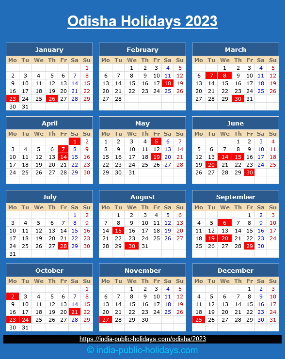 Odisha State Holidays 2023 Calendar