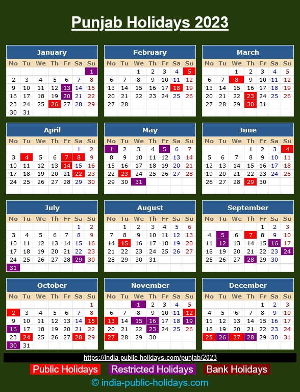 Punjab Public Holidays 2023 Calendar