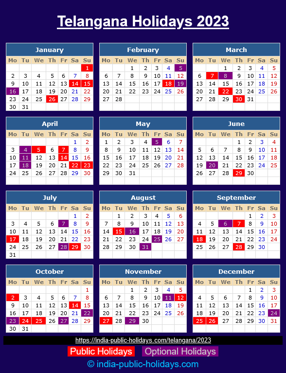 Telangana State Holidays 2023 Calendar