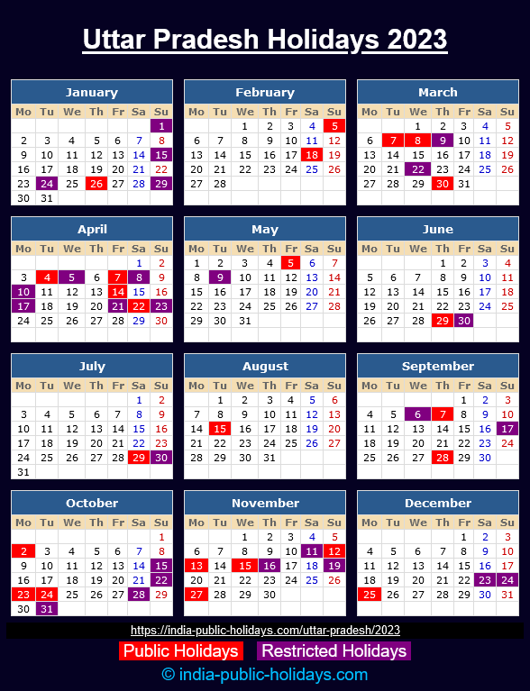 Uttar Pradesh Holidays 2023 Calendar
