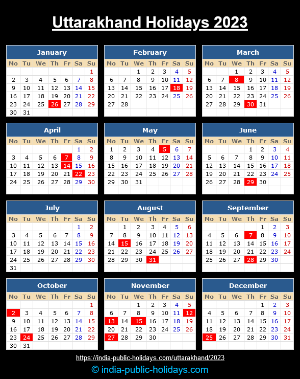 Uttarakhand Holidays 2023 Calendar