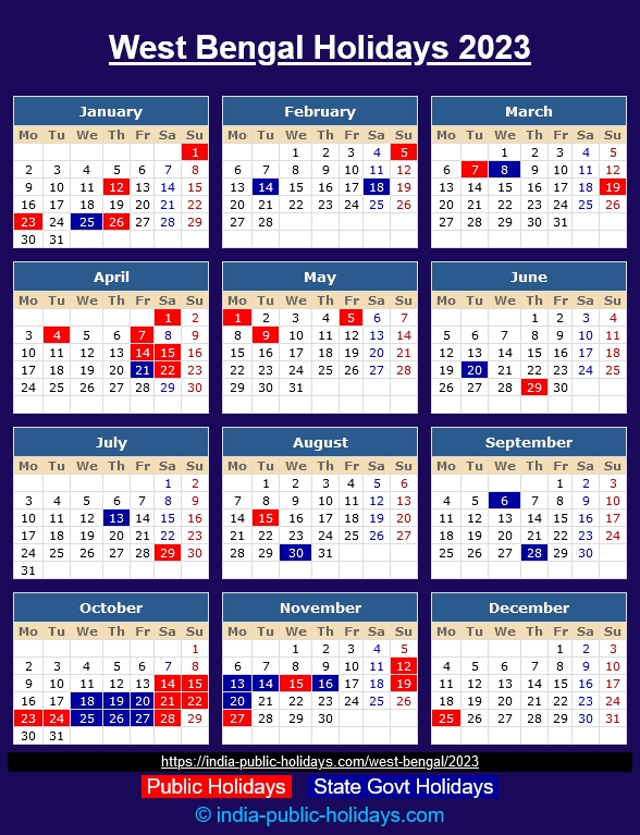 West Bengal Public Holidays 2023 Calendar